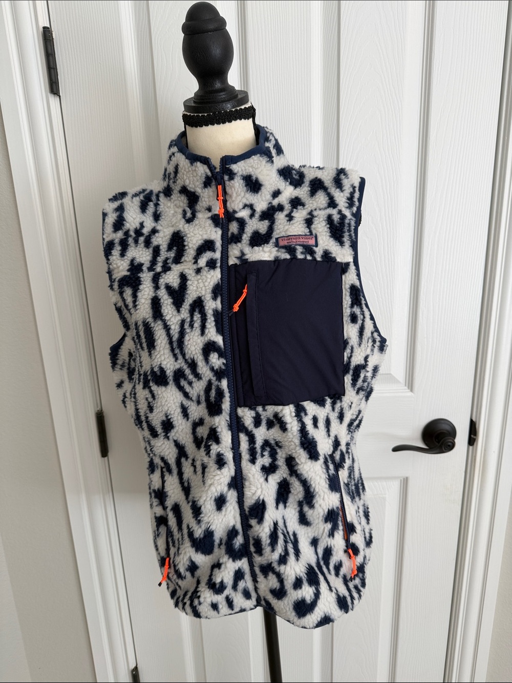Vineyard Vines Navy & Cream Leopard Sherpa Vest